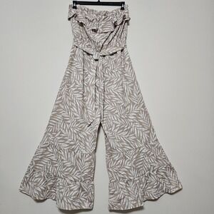 Womens Jumpsuit Size XL Brown Belted Ruffle Tube Top Wide Leg Sleeveless New 276